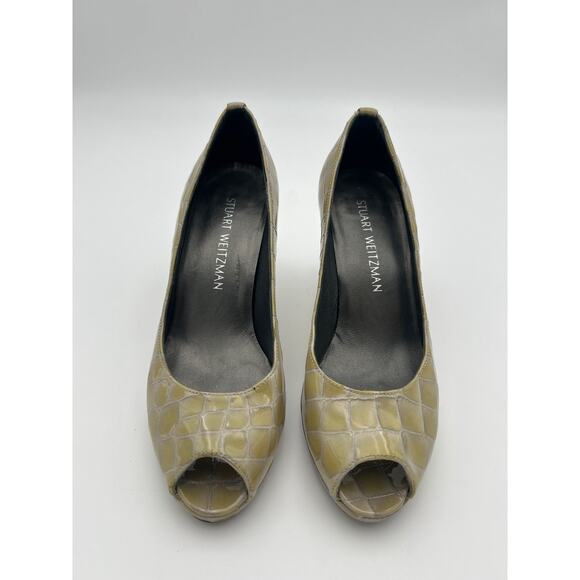 Stuart Weitzman Women’s Size 7M Croc Embossed Patent Leather Peep Toe Heels Beig - Picture 1 of 5